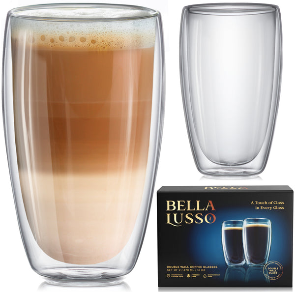 BELLA LUSSO Glass Coffee Mugs 12 oz - Double Wall Insulated