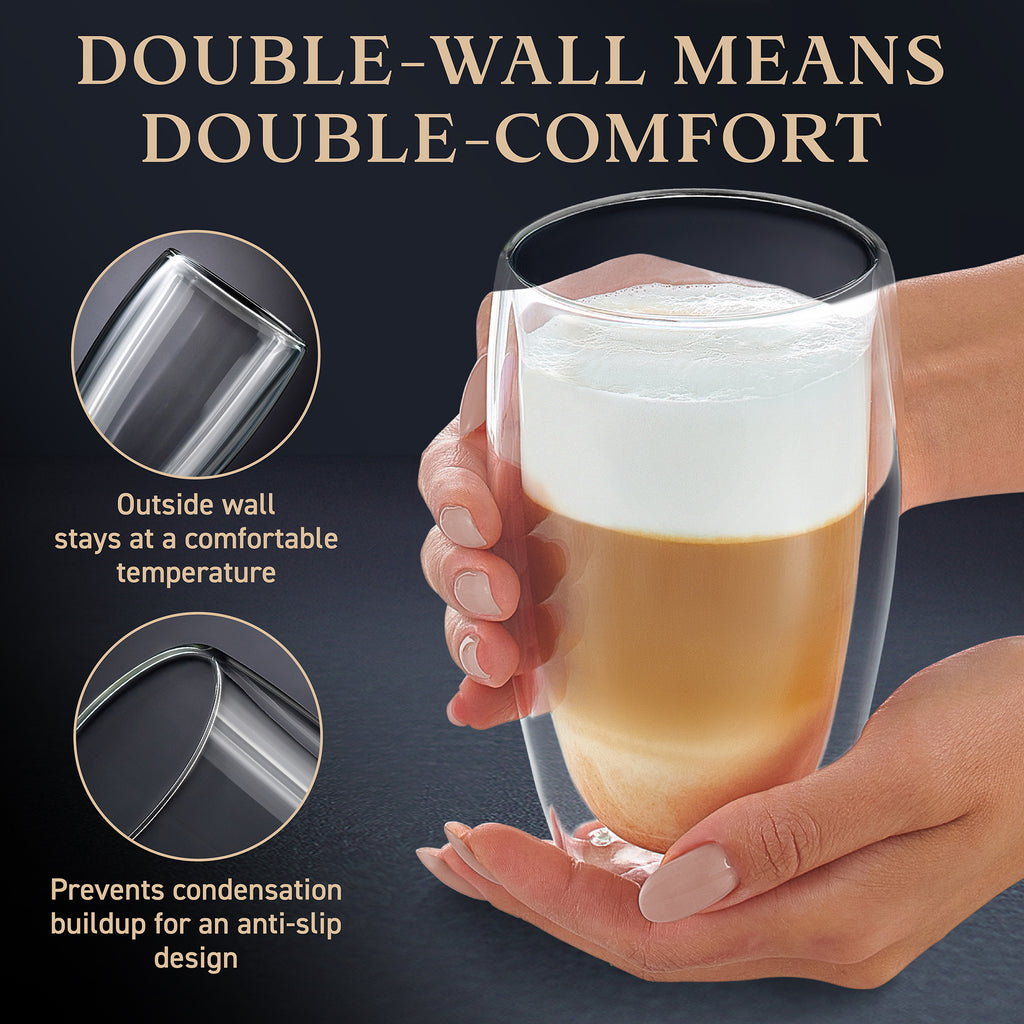  Double Wall Glass Coffee Mugs Set of 2, 16 oz